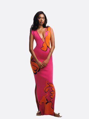 Gisele Knit Maxi Dress Pink Orange Medium M NWT